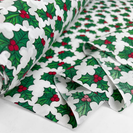 Festive Craft Fabric Christmas Polycotton Halls Of Holly White Fold
