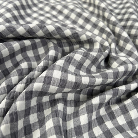 Fibre Mood Seersucker Check Grey Cream Cotton Polyester Elastane Stretch Woven Shirting Fabric
