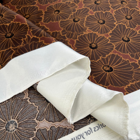Flora Brown Polyester Satin Floral Print Silver Dress Fabric Fold