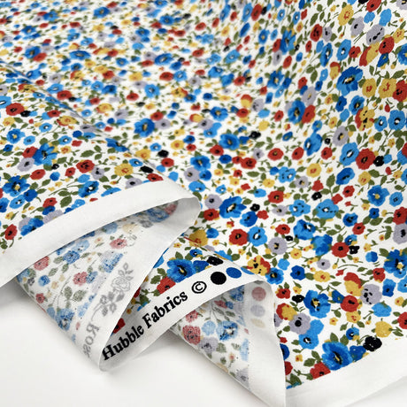 Floral Pop White Cotton Poplin Blue Multicoloured Craft Dress Fabric Fold