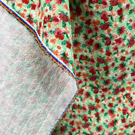Flowerful Floral Polyester Elastane Green Red White Dress Fabric Drape