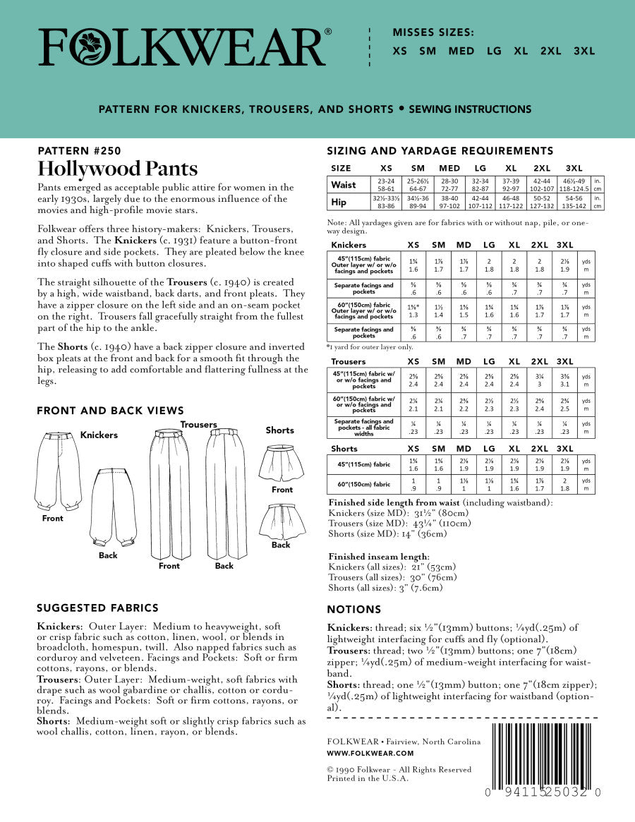 Folkwear - Hollywood Pants & Shorts Pattern (XS-3XL)