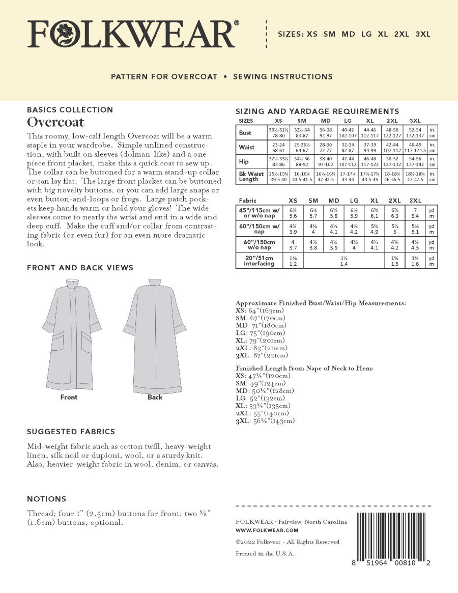 Folkwear Patterns Basics Overcoat Back Cover