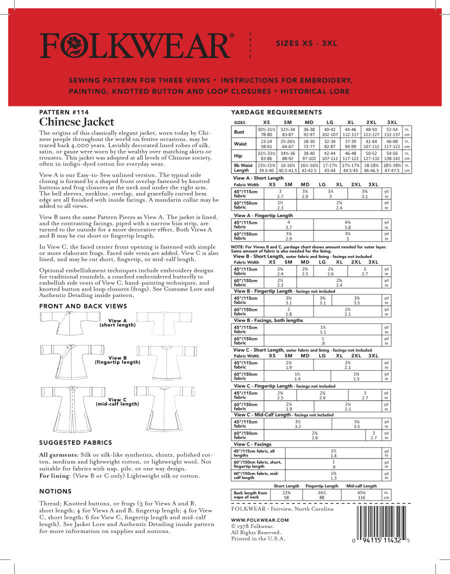 Folkwear - Chinese Jacket Sewing Pattern (XS-3XL)