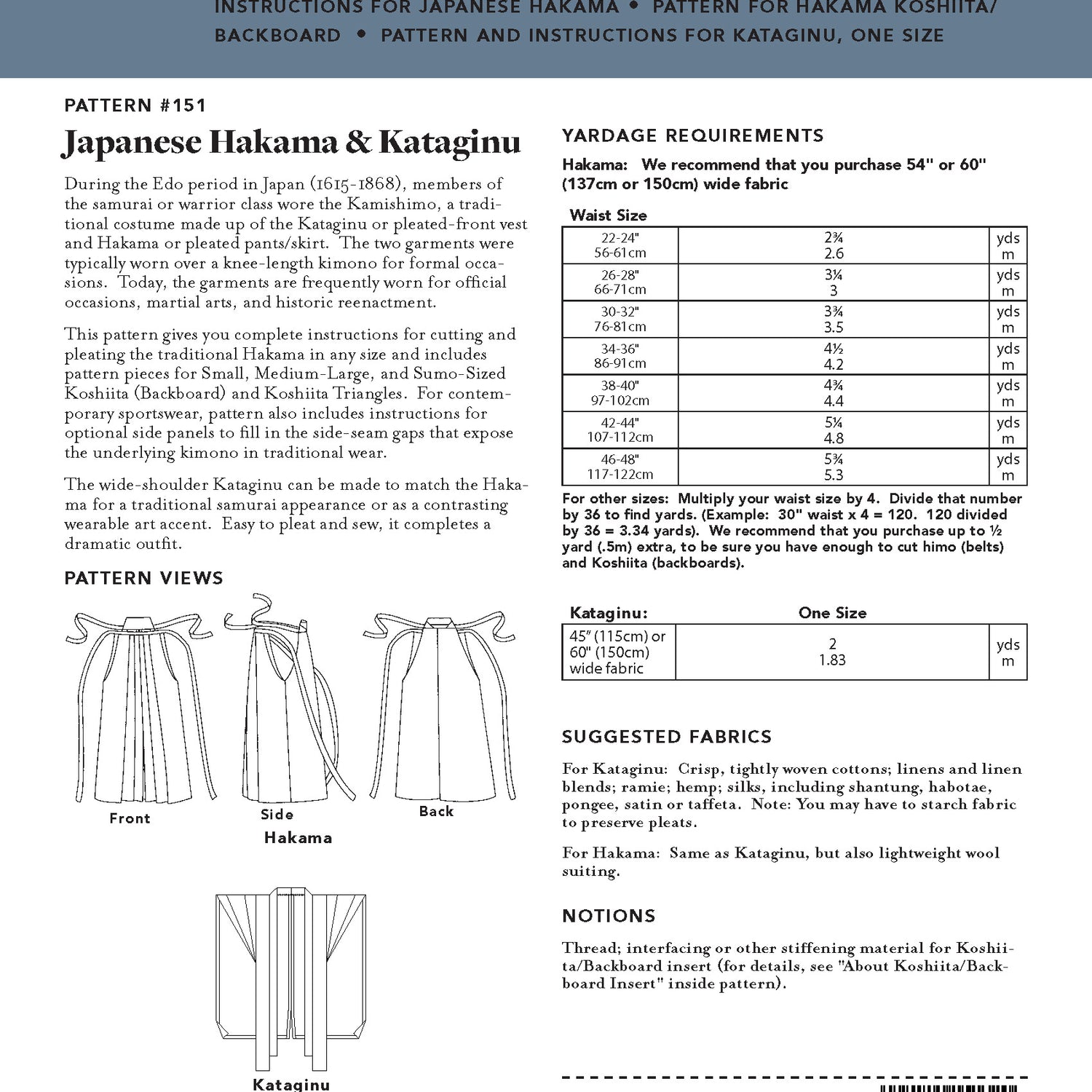 Folkwear - Unisex Japanese Hakama & Kataginu Pattern