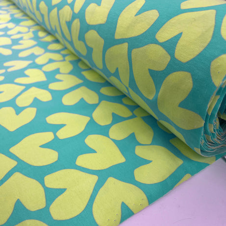 French Terry Craft Hearts Yellow Mint Turquoise Elastane Knit Jersey Fabric Roll