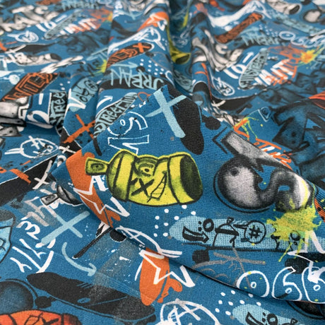 Graffiti Blue Dititally Printed Jersey Cotton Elastane Fabric Cu