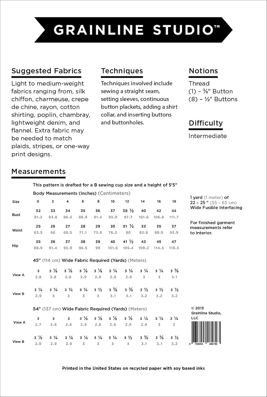Grainline Studio - Archer Shirt Pattern (US 0-18)