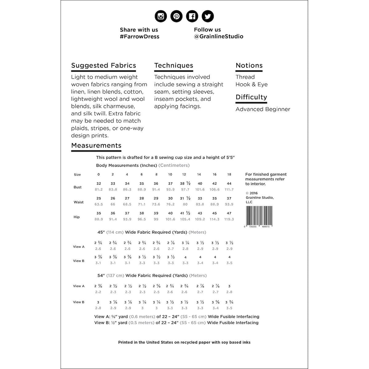 Grainline Studio - Farrow Dress Pattern (US 0-18)