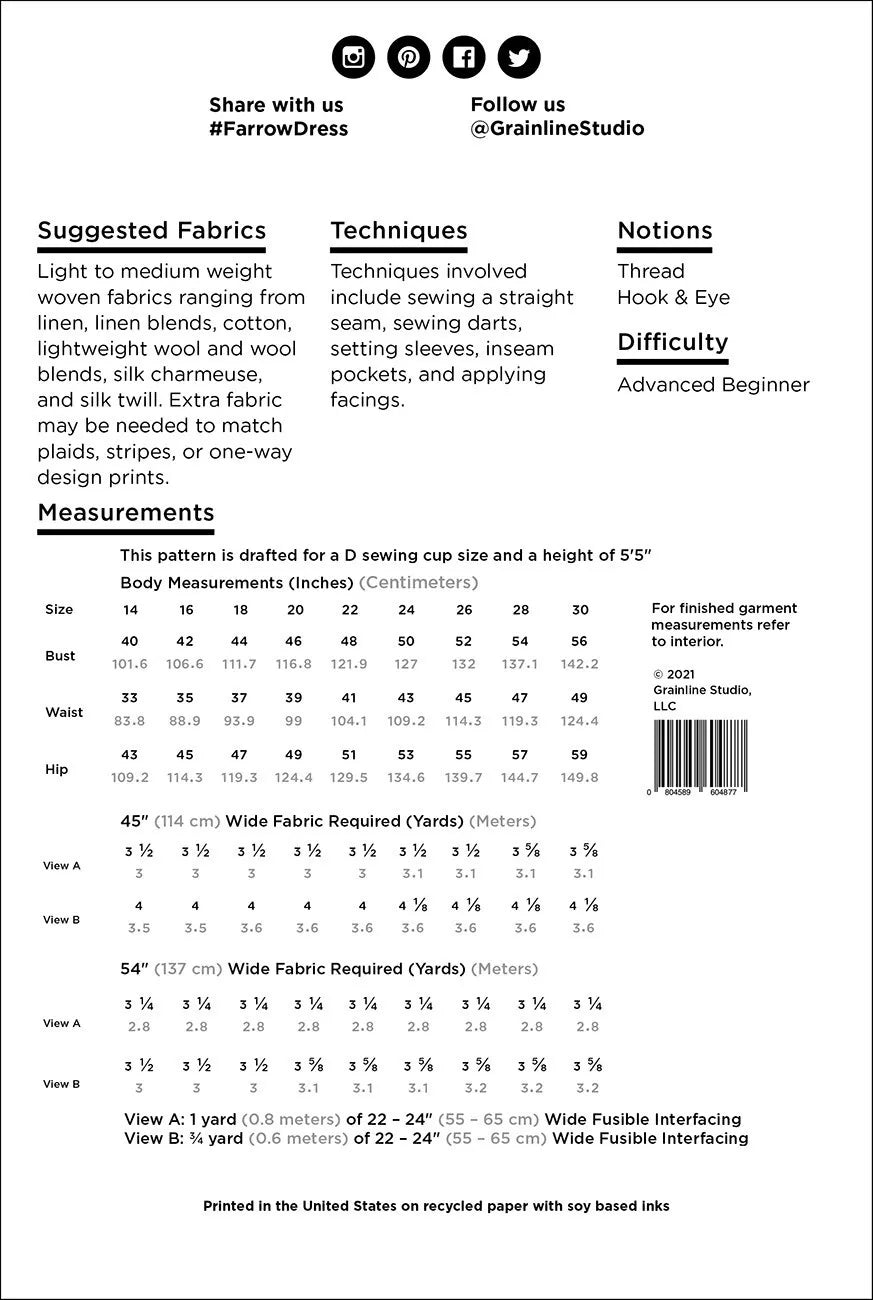Grainline Studio - Farrow Dress Pattern (US 14-30)