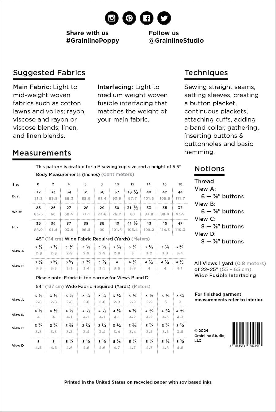 Grainline Studio - Poppy Dress Pattern (US 0-18)