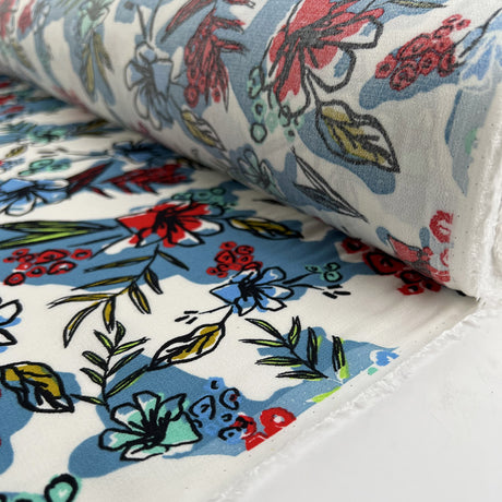 Growing Wild White Blue Red Green Floral Leaf Print Viscose Italian Deadstock Lightweight Dress Fabric Roll