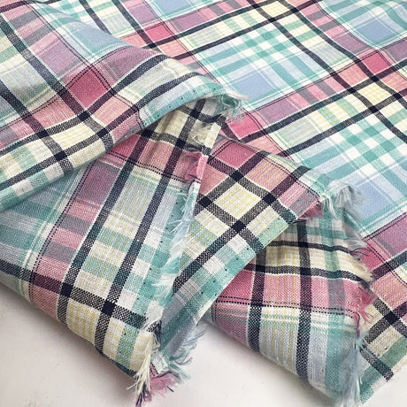 Hawes Check Blue Pink Mint Cotton Linen Shirting Fabric Fold