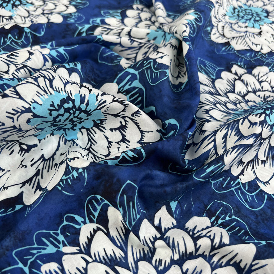 Hoffman Bali Cotton Lawn Hummingbird White Blue Floral Abstract Indonesian Fabric