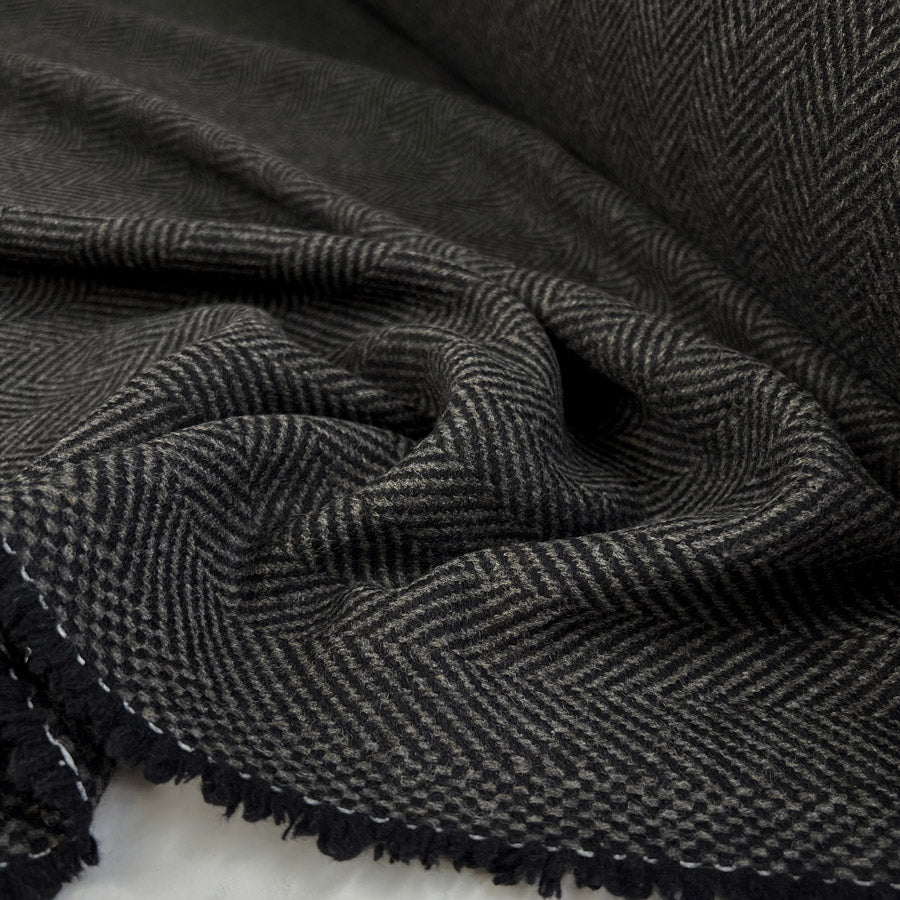 Ita Collection Cashmere Cestino Wool Grey Black Herringbone Basket Weave Coating Fabric