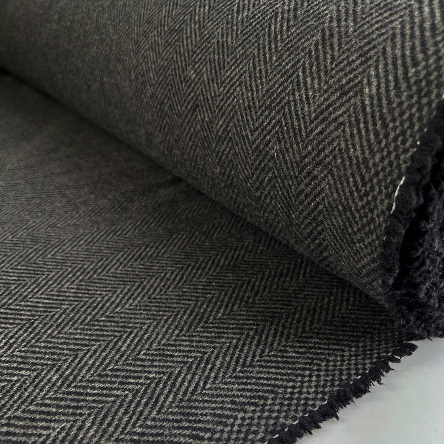 Ita Collection Cashmere Cestino Wool Grey Black Herringbone Basket Weave Coating Fabric Roll