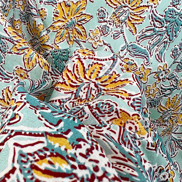Italian Cotton Lawn Aqua Floral Print Dress Fabric Fiori Aqua
