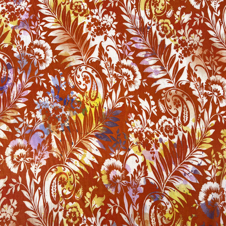 Italian Silk Chiffon Floral Fiamma Red Orange Yellow White Floral Leaf Print Ex Designer Deadstock Crinkle Sheer Dress Fabric