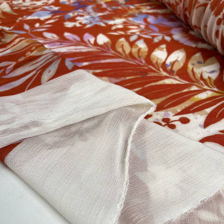 Italian Silk Chiffon Floral Fiamma Red Orange Yellow White Floral Leaf Print Ex Designer Deadstock Crinkle Sheer Dress Fabric Fold