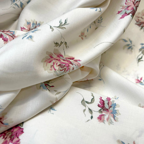 Ivory Floral Print Viscose Dress Fabric Challis Lauren Rose