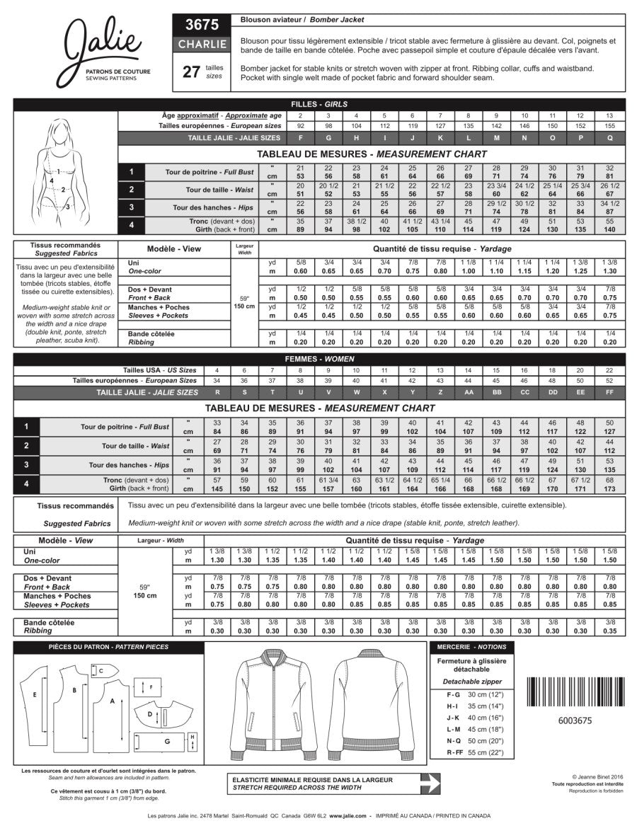 Jalie - Charlie Bomber Jacket Sewing Pattern