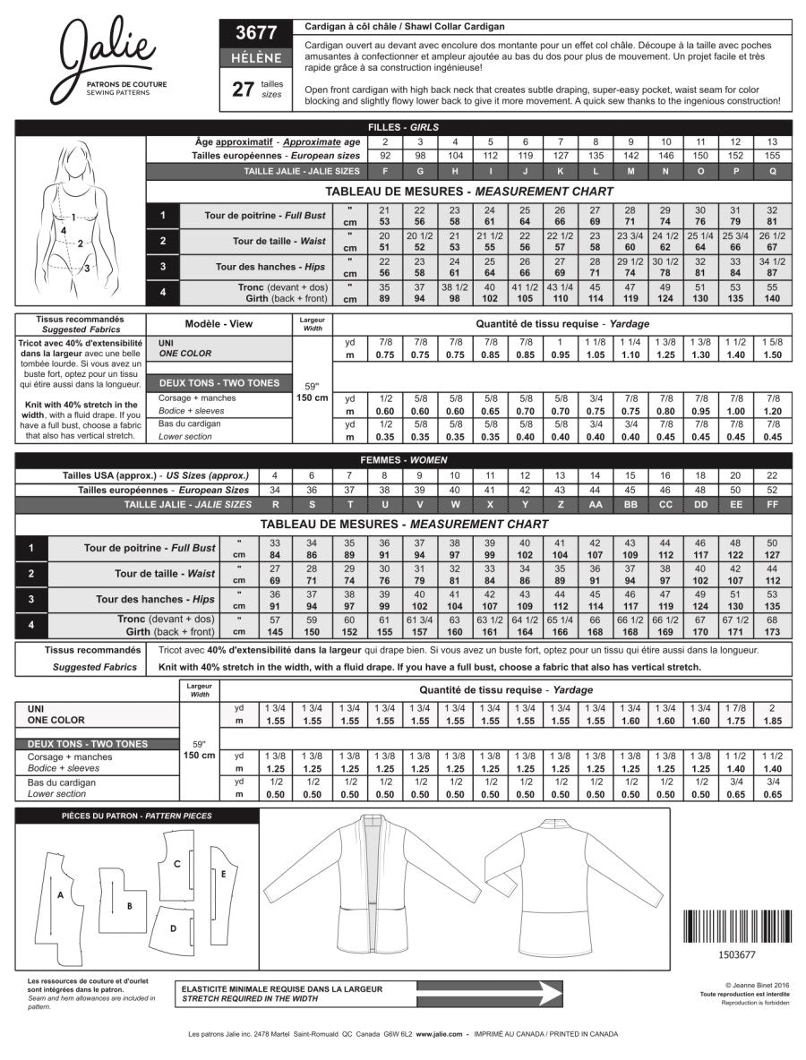 Jalie - Helene Shawl Collar Cardigan Pattern