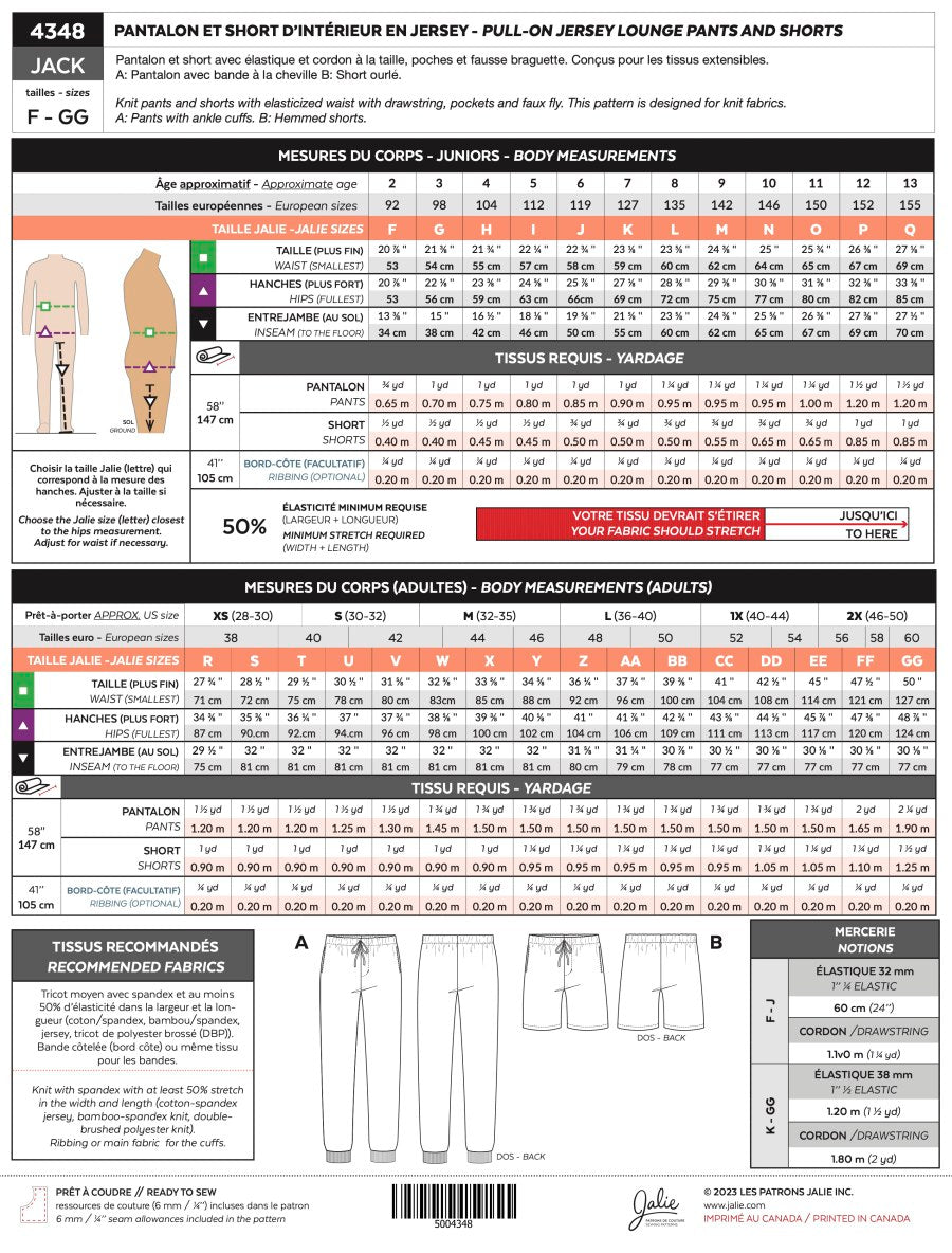 Jalie - Men's/Boys Jack Pull-On Lounge Pants/Shorts Pattern