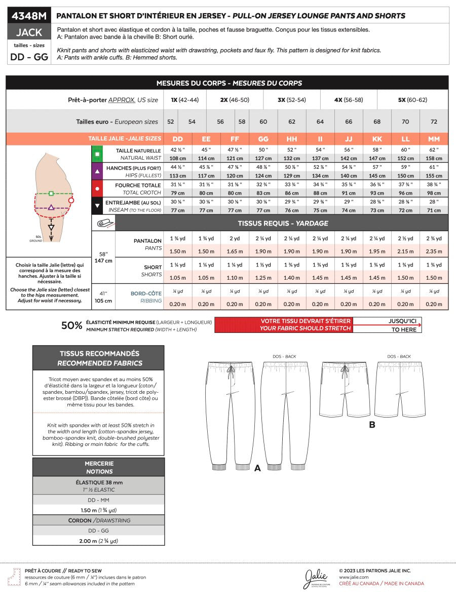 Jalie - Men's/Boys Jack Pull-On Lounge Pants/Shorts Pattern