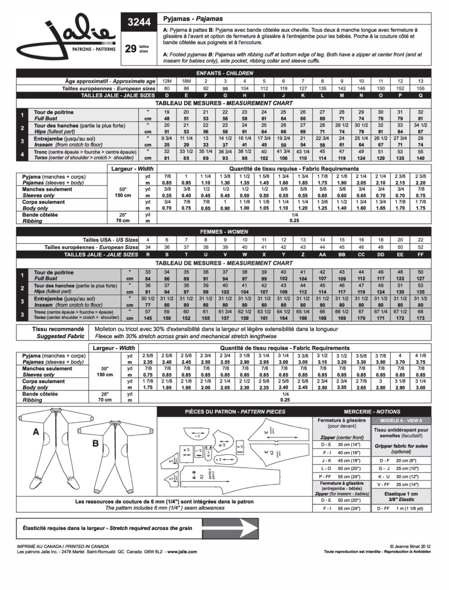 Jalie - Unisex Footed Pyjamas Pattern