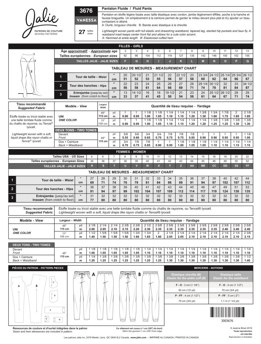Jalie - Vanessa Fluid Pants Sewing Pattern