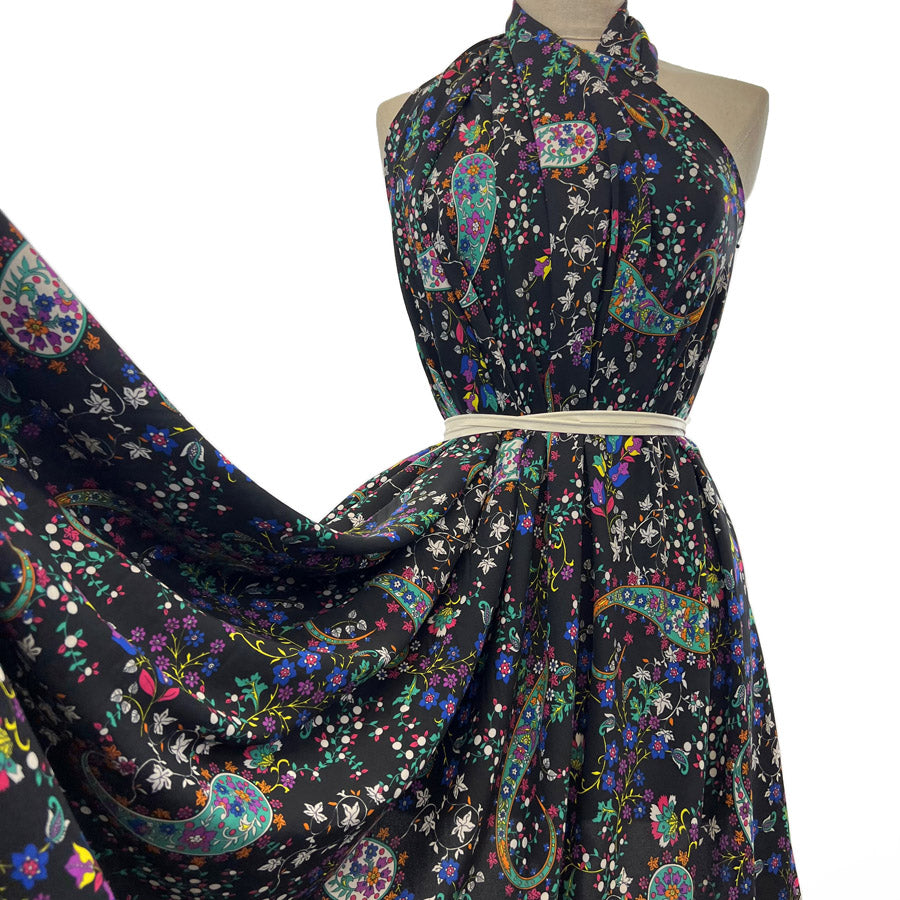 Jones Crepe Black Floral Paisley Polyester Woven Dressmaking Fabric