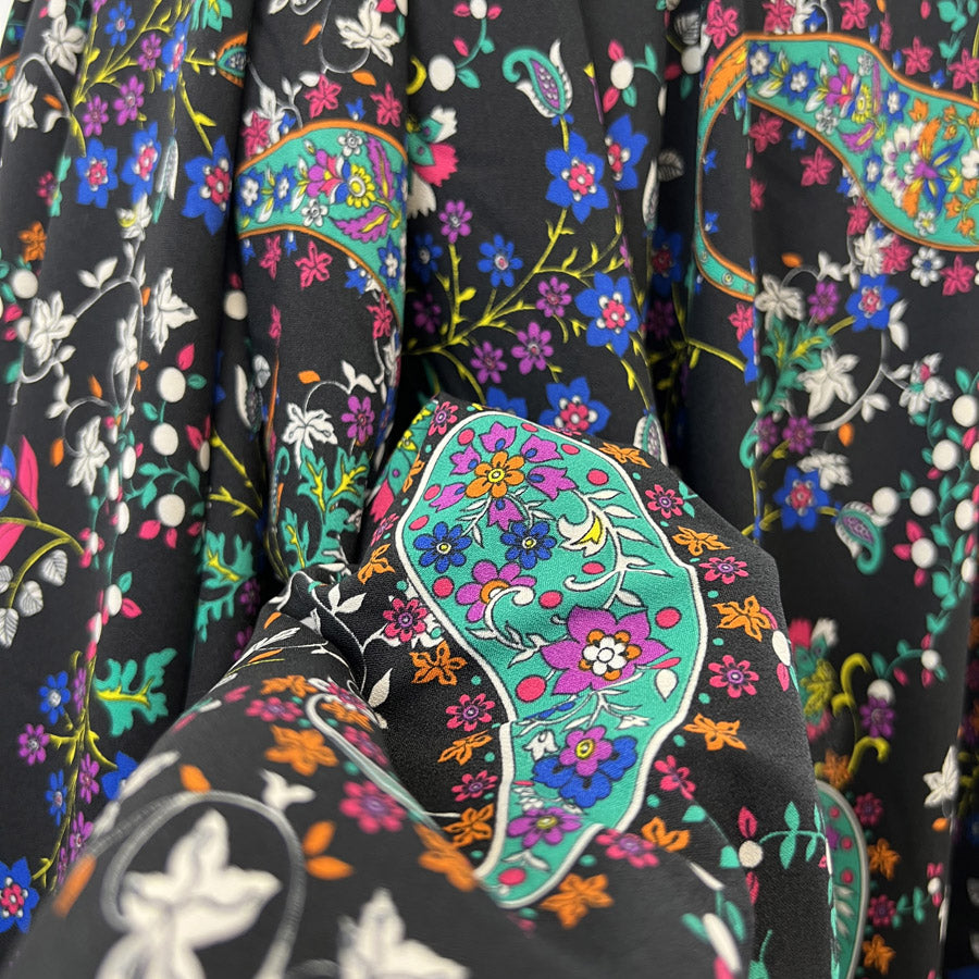 Jones Crepe Black Floral Paisley Polyester Woven Dressmaking Fabric