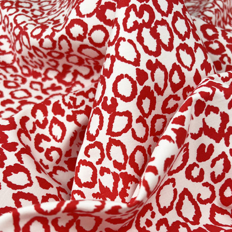 Kassy Red White Polyester Cotton Elastane Abstract Leopard Printed Dress Fabric