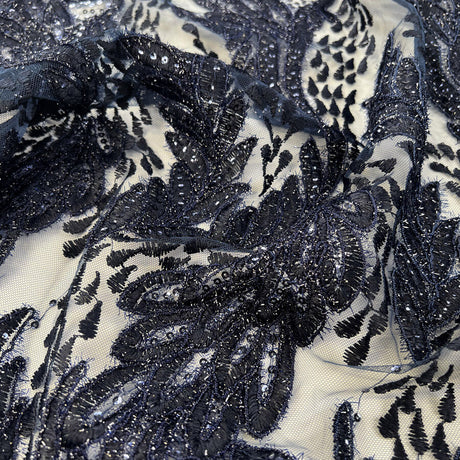Lacey Navy Polyamide Patterned Sequin Heavy Evening Wear Fabric