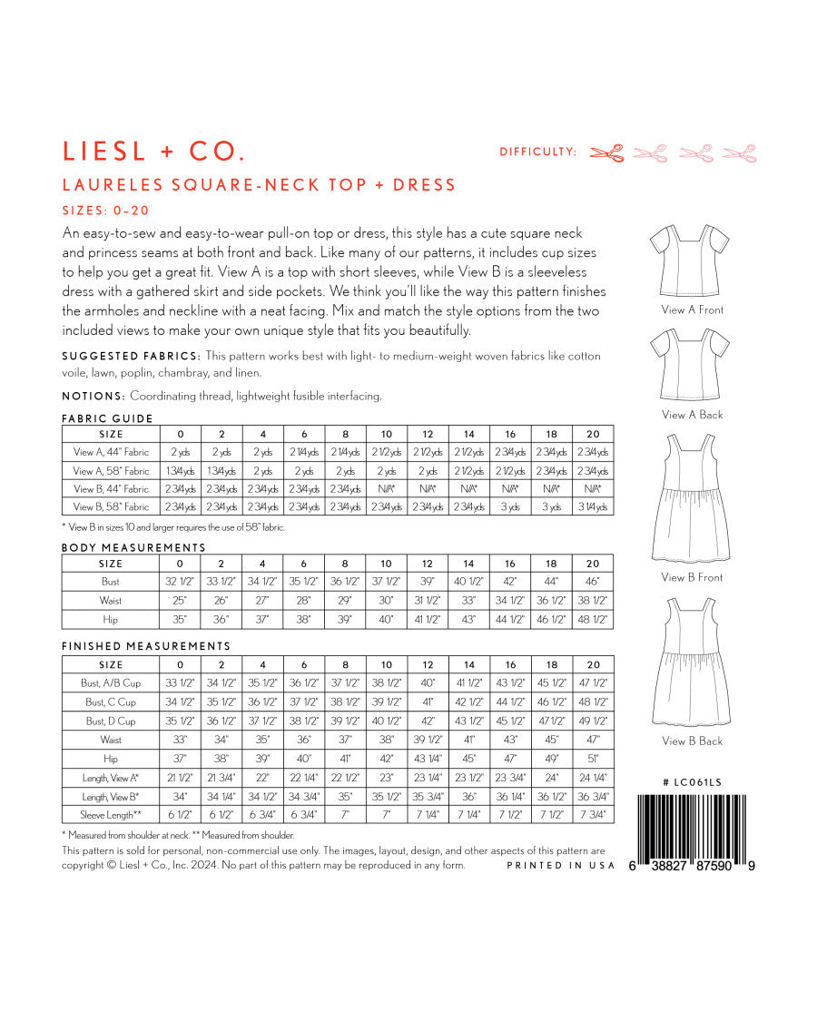 Liesl + Co - Laureles Square-Neck Top & Dress Pattern