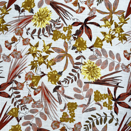 Linen Viscose Slub Golden Harvest White Floral Woven Dress Fabric Print