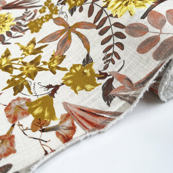 Linen Viscose Slub Golden Harvest White Floral Woven Dress Fabric Roll
