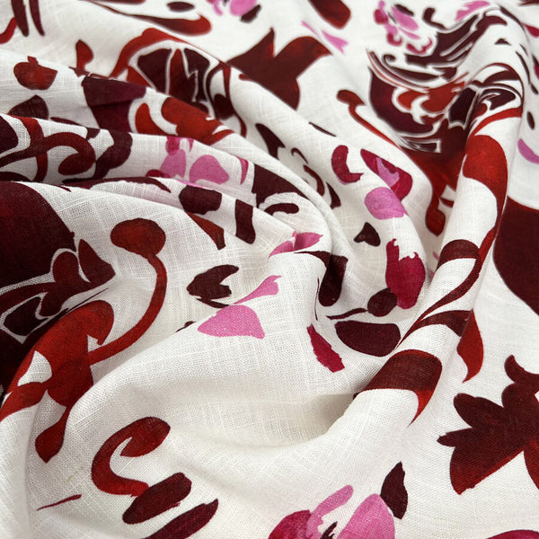 Linen Viscose Slub Wild Berry Pink White Floral Woven Dress Fabric