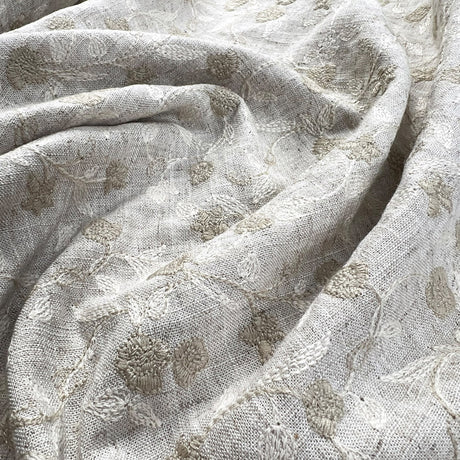 Marigold Viscose Polyester Linen Floral Embroidered Sand Beige Dress Fabric