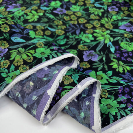 Marineblu Viscose Verdant Viscose Floral Green Black Purple Italian Deadstock Dress Fabric Fold