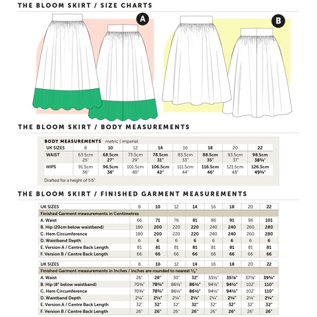 Maven Bloom Skirt Sewing Pattern Size Chart