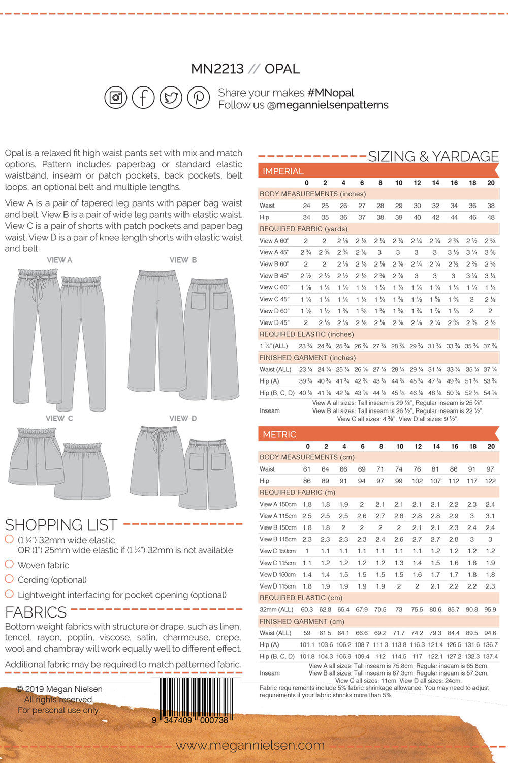 Megan Nielsen - Opal Pants & Shorts Pattern