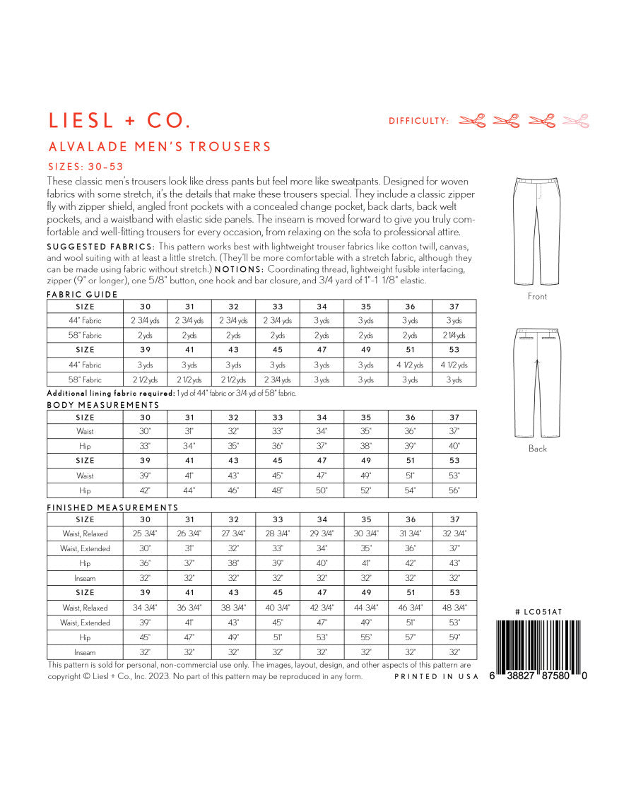 Liesl + Co - Men’s Alvalade Trousers Pattern