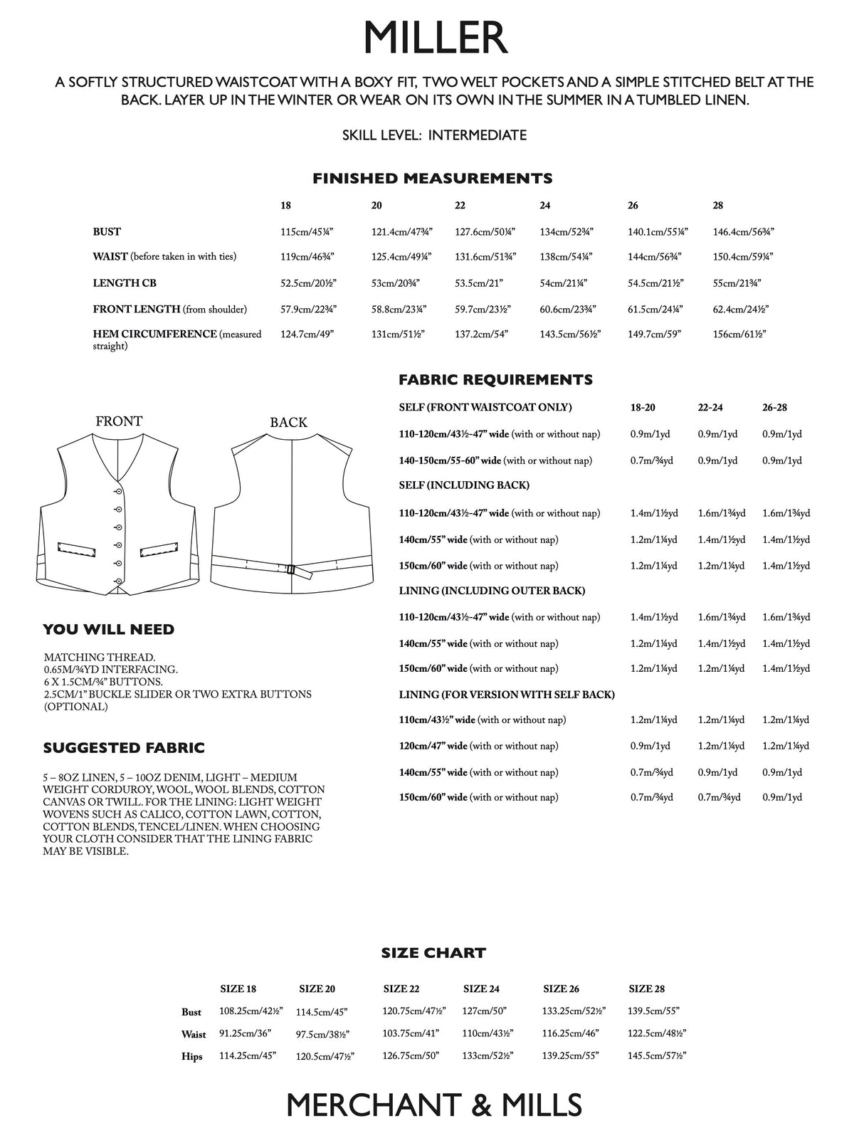 Merchant & Mills - Miller Waistcoat Pattern (UK 18-28)