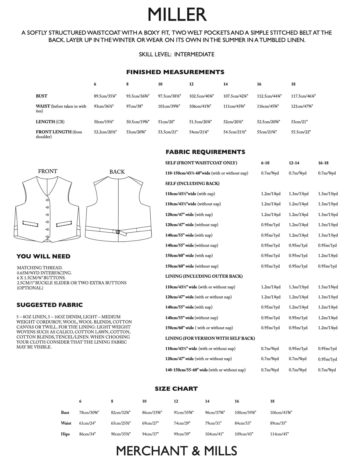 Merchant & Mills - Miller Waistcoat Pattern (UK 6-18)