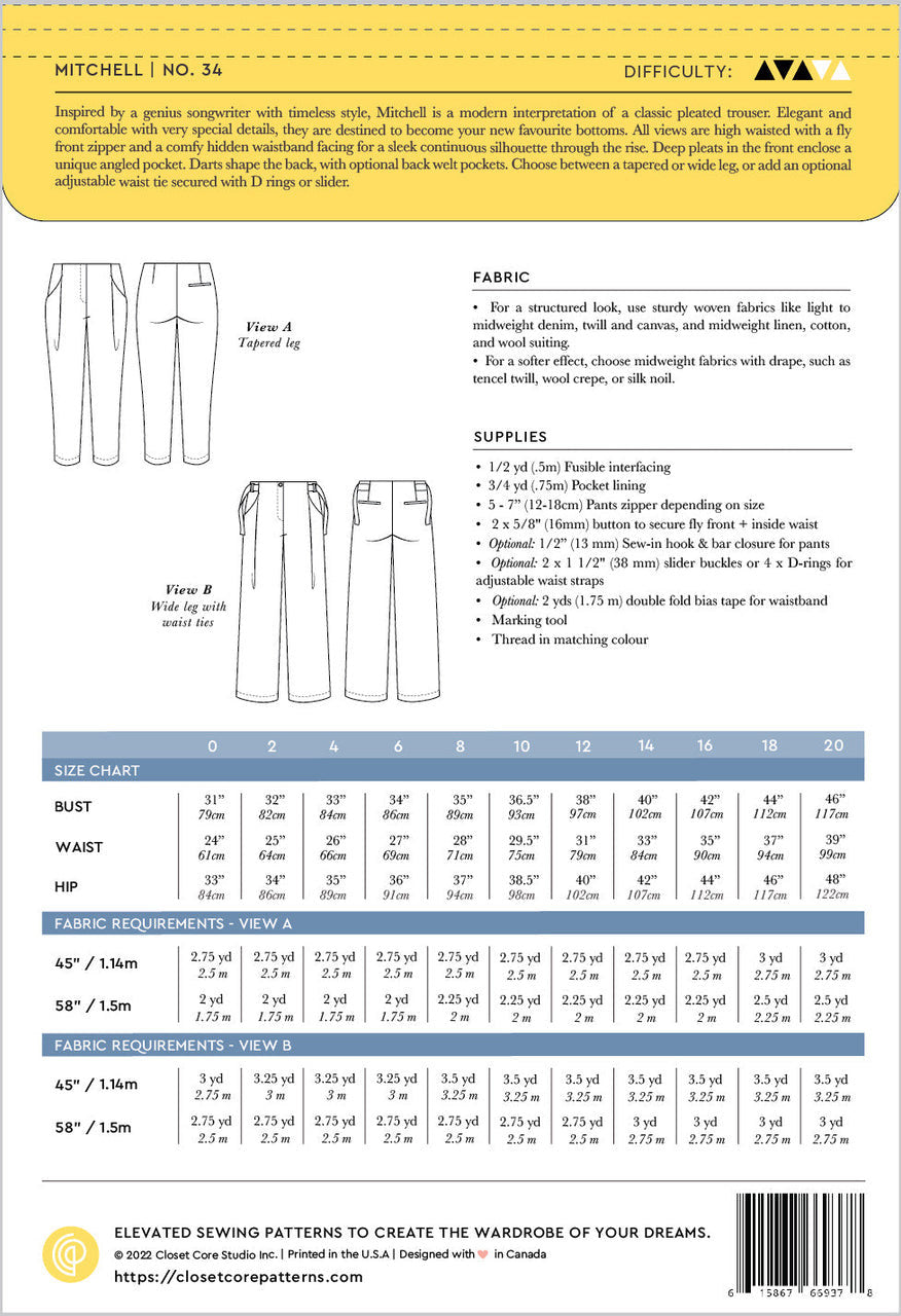 Closet Core Patterns - Mitchell Trousers Pattern