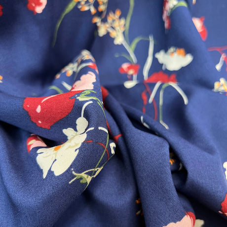 Navy Floral Print Viscose Dress Fabric Challis Indiana