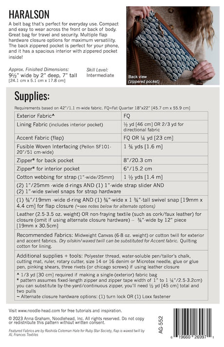 Noodlehead Haralson Belt Bag Pattern Back Cover