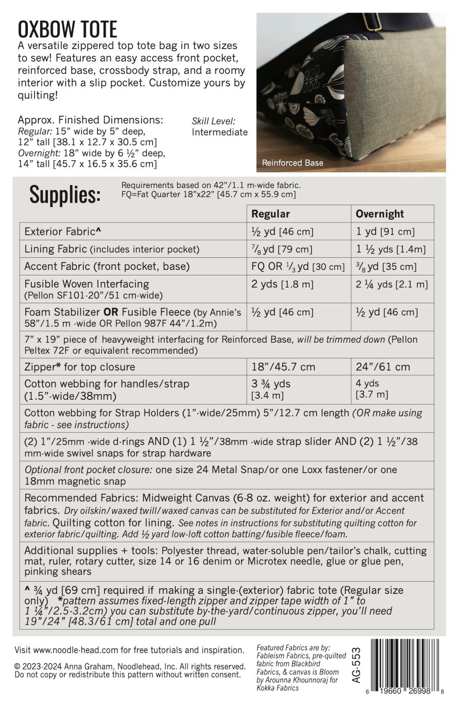 Noodlehead - Oxbow Tote Sewing Pattern
