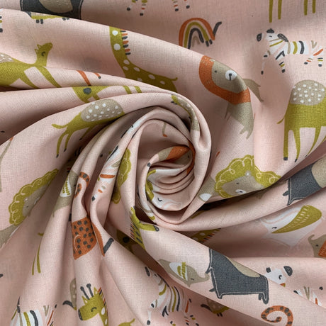 Organic Cotton Safari Animals Pink Gots And Oeko Tex Standard 100%Cotton Poplin Fabric Swirl